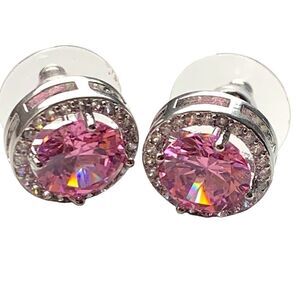 Large Round Pink Power Crystal Stud Earrings with Sparkly CZ Halo in Silver Tone